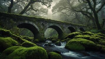 A serene stone bridge covered in moss, surrounded by lush greenery and flowing water in a misty forest. photo