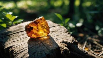 A piece of amber resting on a wooden surface, illuminated by soft natural light in a forest setting. photo