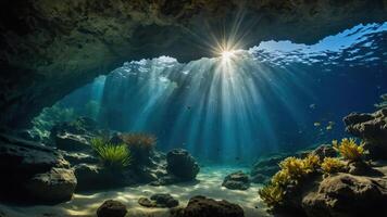A serene underwater scene with sunlight filtering through, illuminating rocks and aquatic plants. photo