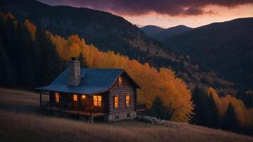A cozy cabin nestled in a vibrant autumn landscape, illuminated by warm light at dusk. photo