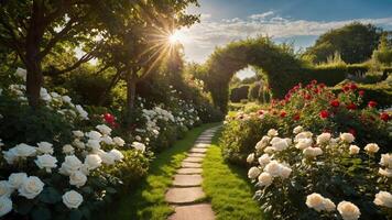 A serene garden path lined with white and red roses, leading to an archway under a bright sun. photo
