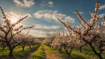 A serene orchard in bloom, showcasing vibrant cherry blossoms under a blue sky. photo