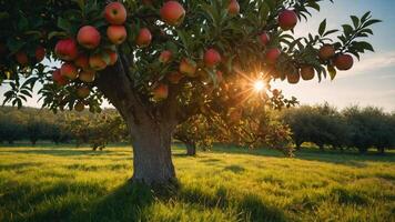 A vibrant apple tree with ripe fruit in a sunlit orchard, surrounded by lush green grass and trees. photo