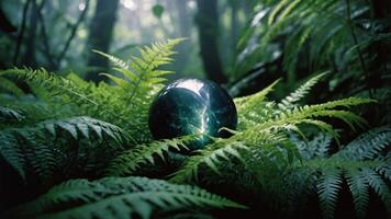 A mystical orb surrounded by lush ferns in a serene forest setting. photo