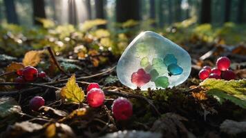 A translucent ice sculpture with colorful flowers rests on the forest floor surrounded by vibrant berries and foliage. photo