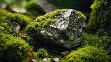 A moss-covered rock sits among lush greenery in a serene forest setting. photo