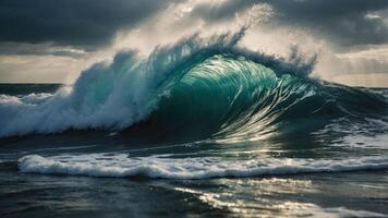 A powerful ocean wave crashing against the shore, illuminated by sunlight breaking through the clouds. photo