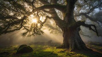 A majestic tree with sprawling branches illuminated by sunlight, creating a serene and enchanting atmosphere. photo