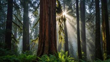 Sunlight shining through the trees in a forest photo
