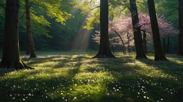 A serene forest scene with sunlight filtering through trees, highlighting blooming flowers on the ground. photo