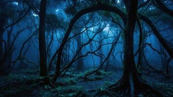 A misty forest scene with twisted trees and a moody atmosphere. photo