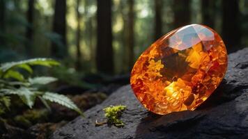 A vibrant amber gemstone rests on a mossy rock in a serene forest setting, highlighting natural beauty. photo