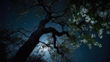 A serene night scene featuring a silhouetted tree and blooming flowers under a starry sky. photo