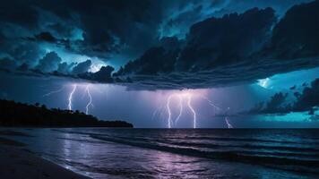 A dramatic lightning storm over the ocean, illuminating dark clouds and creating a captivating scene. photo