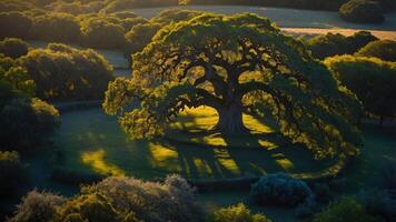 A majestic tree stands alone in a serene landscape, casting long shadows in the golden light of sunset. photo