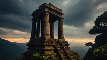 Ancient stone temple on a mountain, surrounded by dramatic clouds and lush greenery at sunset. photo