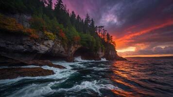 A vibrant sunset over a rocky coastline, with waves crashing against the shore and trees in the background. photo