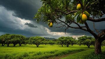 A lush mango orchard under a dramatic sky, showcasing ripe fruit and vibrant greenery. photo