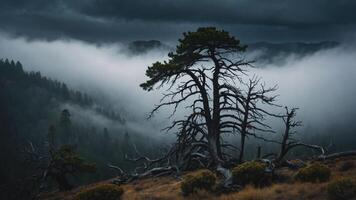A moody landscape featuring a gnarled tree amidst fog and mountains, evoking a sense of mystery. photo