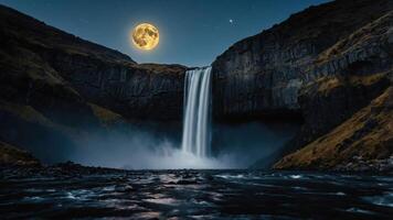 A serene waterfall under a full moon, surrounded by cliffs and mist, creating a tranquil night scene. photo