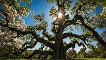 A majestic tree with sprawling branches and sunlight filtering through, surrounded by blooming flowers. photo