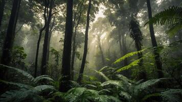 A misty forest scene with tall trees and lush ferns, creating a serene natural atmosphere. photo
