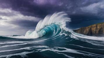A dramatic wave crashing against the shore under a moody sky, capturing the power of nature. photo