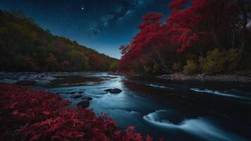 A serene river scene at night, featuring vibrant red foliage under a starry sky. photo