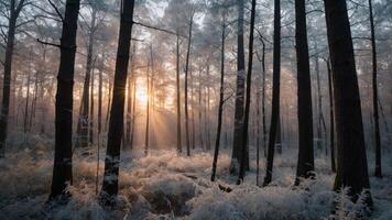 A serene winter forest scene with sunlight filtering through frosty trees, creating a tranquil atmosphere. photo