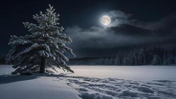 A serene winter landscape under a bright moon, featuring a snow-covered tree and a tranquil field. photo