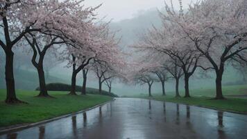 A serene pathway lined with cherry blossom trees in a misty environment, creating a tranquil atmosphere. photo