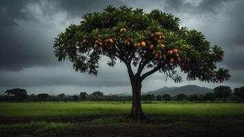 A solitary mango tree stands in a vast green field under a dramatic, cloudy sky. photo