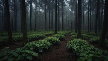 A misty forest scene with dense trees and lush greenery, creating a serene and mysterious atmosphere. photo