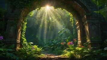 A serene jungle scene framed by an ancient archway, illuminated by soft sunlight filtering through foliage. photo