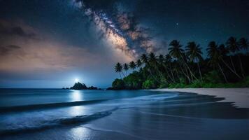 A serene beach scene under a starry sky, showcasing the Milky Way and tropical palm trees. photo