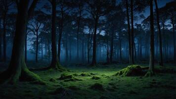A serene, misty forest at night with soft light illuminating the ground. photo