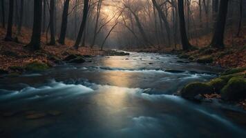 A serene river flows through a misty forest, creating a tranquil atmosphere in nature. photo