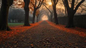 A serene pathway lined with autumn trees and fallen leaves, illuminated by soft sunlight. photo