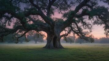 A majestic tree stands alone in a tranquil landscape at dawn, surrounded by a misty atmosphere. photo