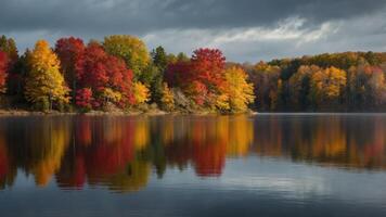 A serene lake reflecting vibrant autumn foliage under a cloudy sky. photo
