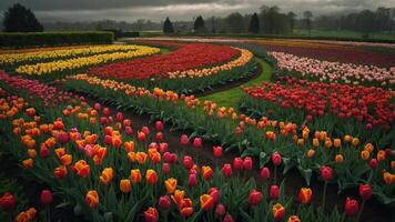 A vibrant garden of colorful tulips arranged in curving patterns under a cloudy sky. photo