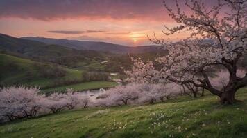 A serene landscape at sunset, featuring blooming cherry trees and rolling hills. photo