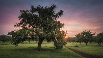 A vibrant tree laden with fruit under a colorful sky at sunset in a lush landscape. photo