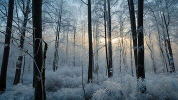 A serene winter forest scene with frosted trees and soft sunlight filtering through the mist. photo