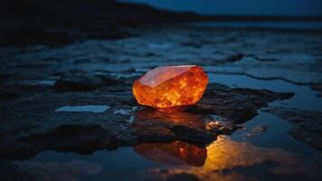 A glowing orange crystal rests on a rocky surface, reflecting in the surrounding water at dusk. photo