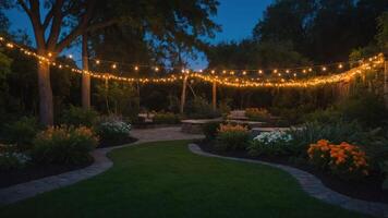 A serene garden illuminated by string lights at dusk, creating a cozy atmosphere for relaxation. photo