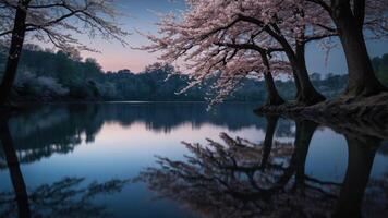 Serene landscape featuring cherry blossom trees reflecting in calm water during twilight. photo