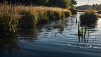 A serene waterway bordered by tall grass, reflecting the calmness of nature in soft morning light. photo