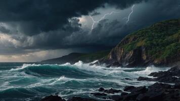 A dramatic coastal scene with stormy skies, lightning, and turbulent waves crashing against rocky shores. photo