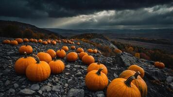 A serene landscape featuring scattered pumpkins on rocky terrain under a dramatic sky. photo